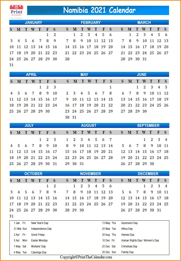 Namibia Calendar 2021